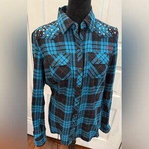 Harley Davidson Motorcycles Embroidered Logo Snap Button Back Flannel Sz M